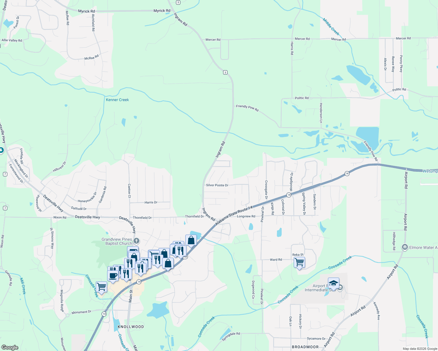 map of restaurants, bars, coffee shops, grocery stores, and more near 77 Clearview Ln in Elmore