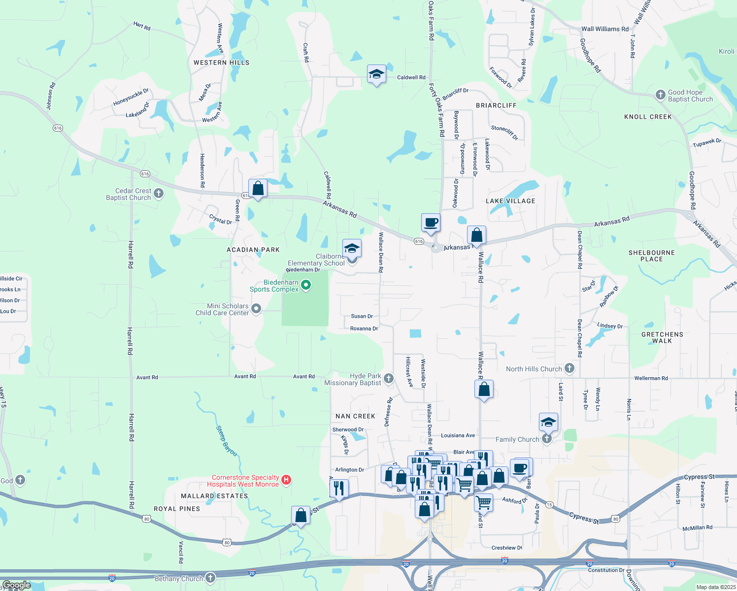 map of restaurants, bars, coffee shops, grocery stores, and more near 941 Wallace Dean Rd in West Monroe