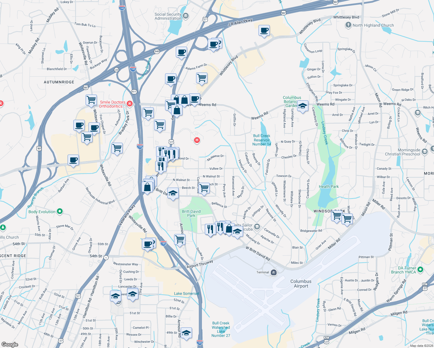 map of restaurants, bars, coffee shops, grocery stores, and more near 2905 North Walnut Street in Columbus