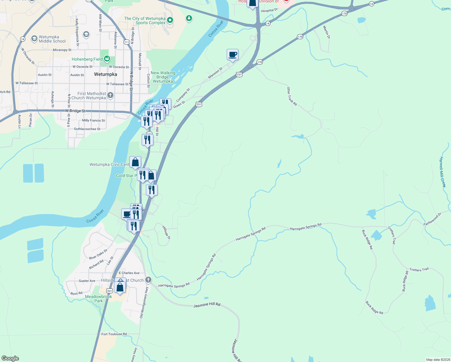 map of restaurants, bars, coffee shops, grocery stores, and more near 100 Camellia Drive in Wetumpka