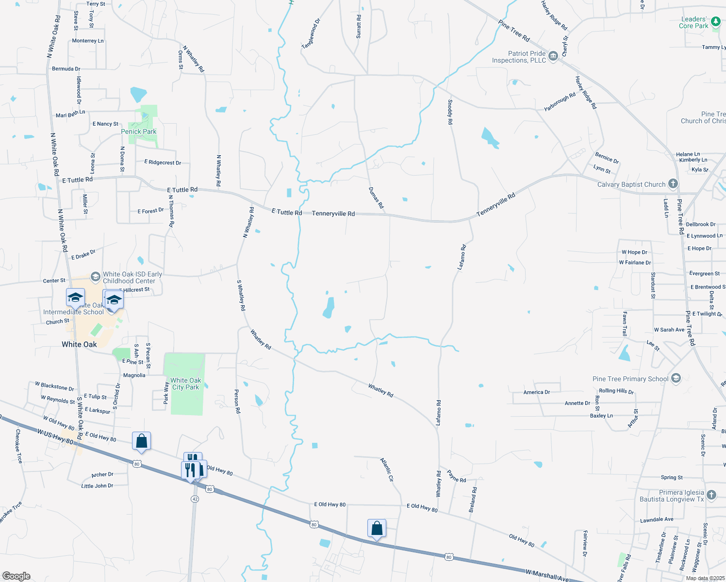 map of restaurants, bars, coffee shops, grocery stores, and more near 2402 Alvarez Street in Longview
