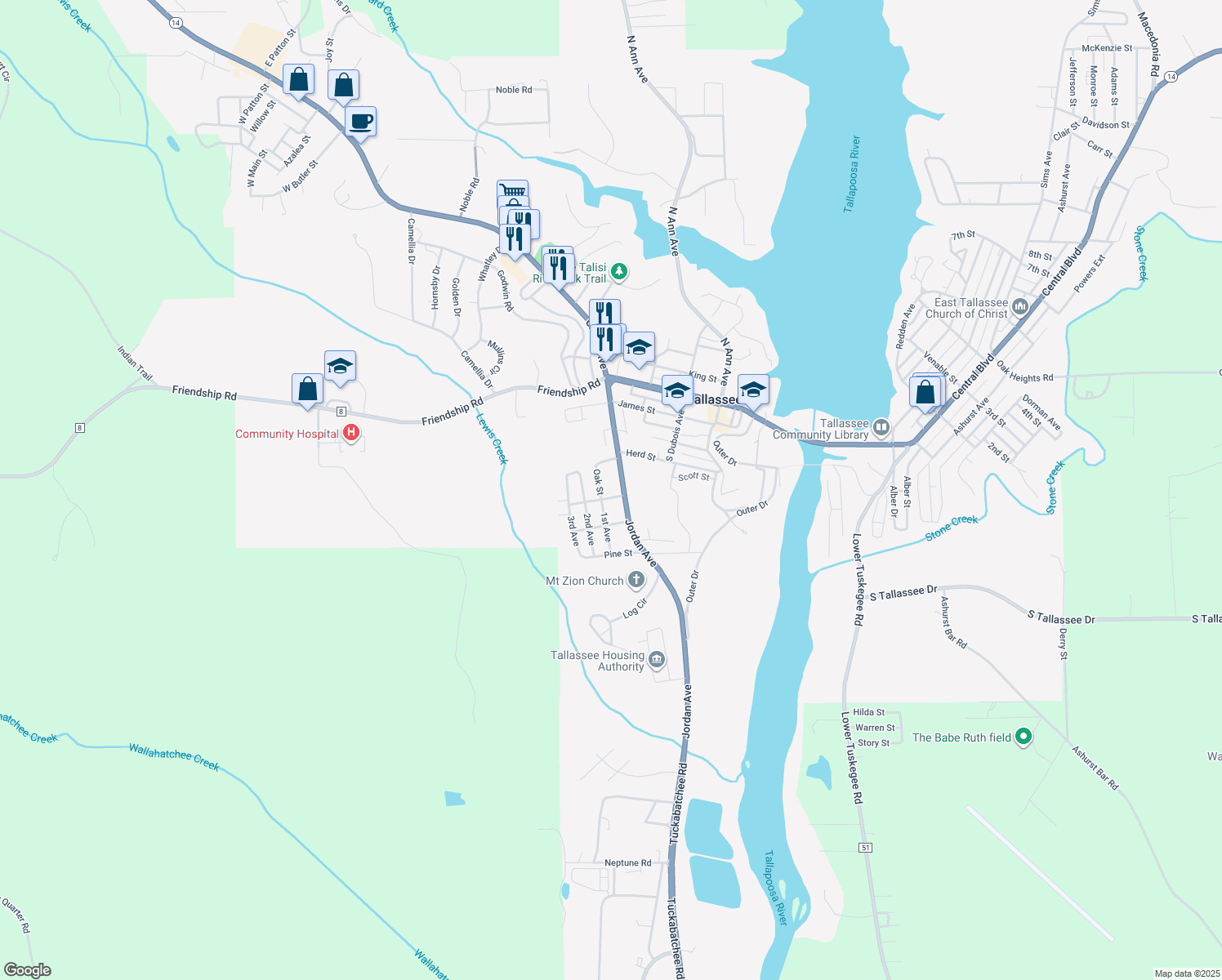 map of restaurants, bars, coffee shops, grocery stores, and more near 310 Jordan Avenue in Tallassee