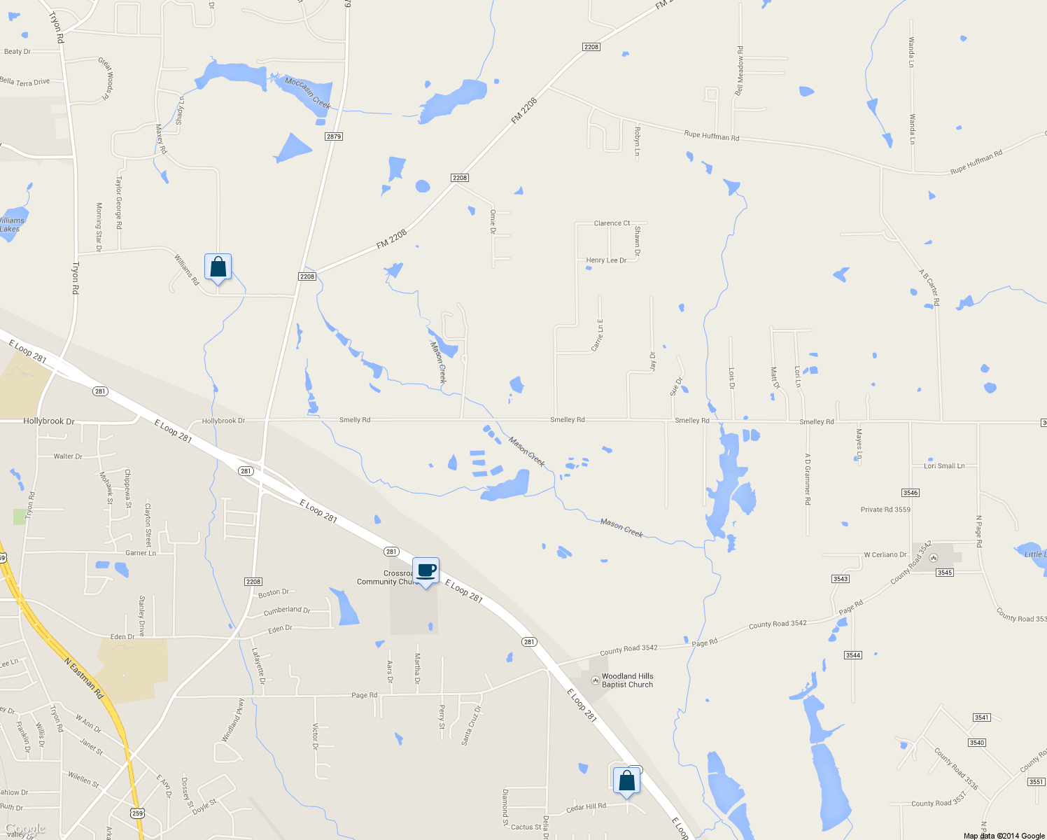 map of restaurants, bars, coffee shops, grocery stores, and more near 3624 Smelley Road in Longview