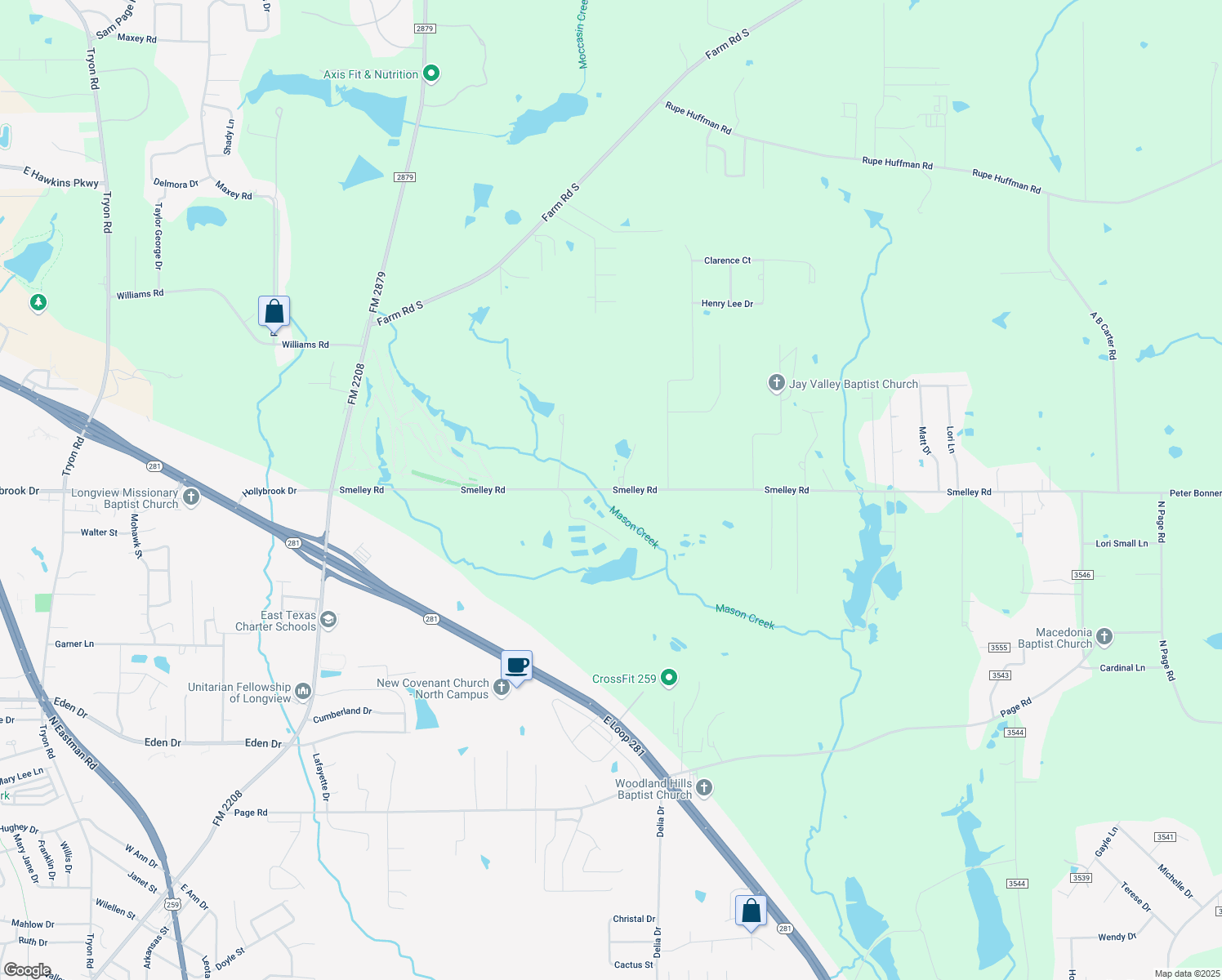 map of restaurants, bars, coffee shops, grocery stores, and more near 3172 Smelley Road in Longview