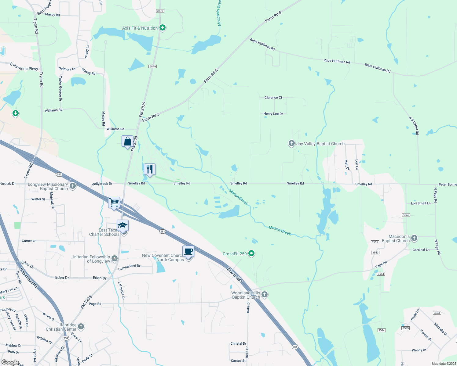 map of restaurants, bars, coffee shops, grocery stores, and more near 3100 Smelley Rd in Longview