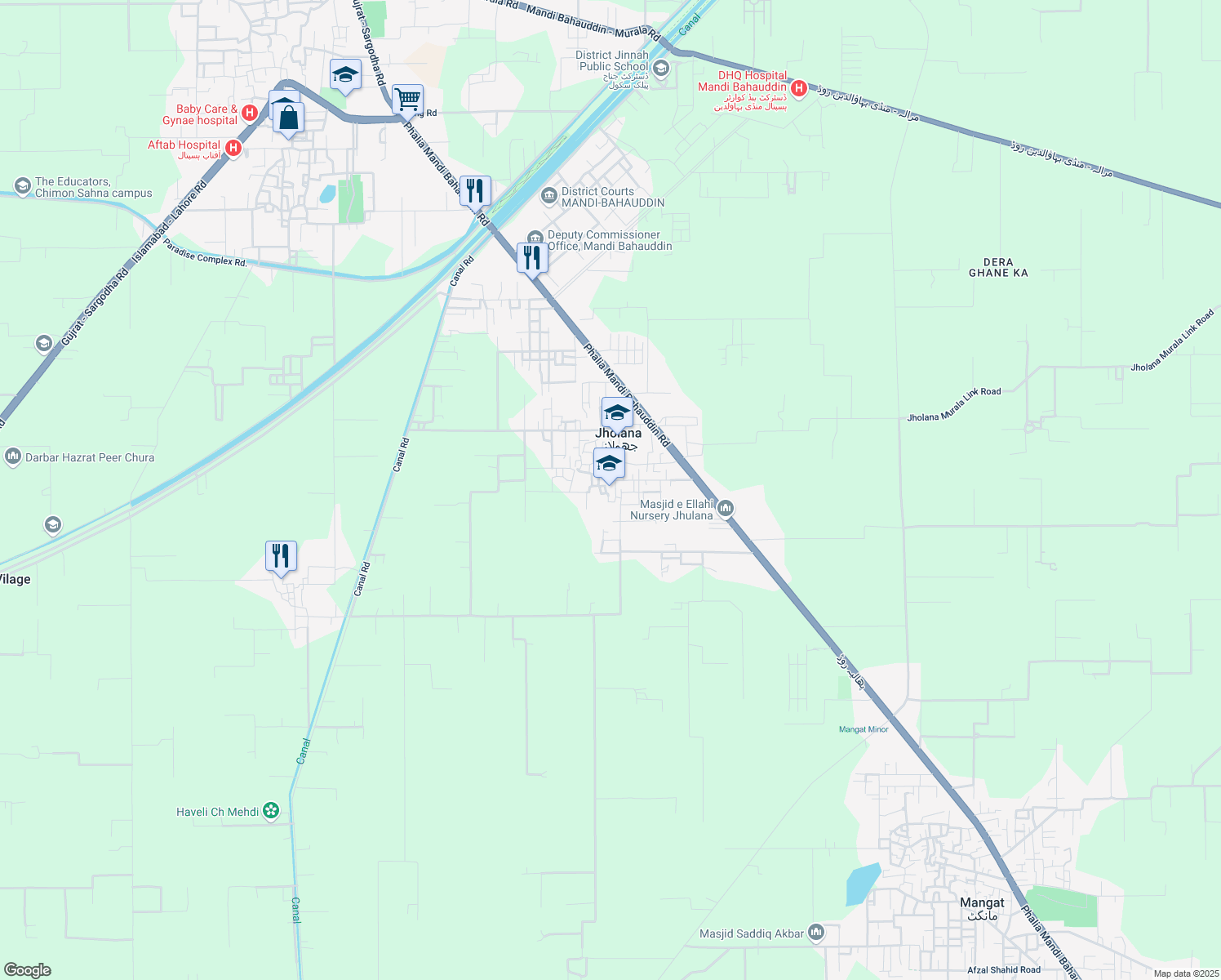 map of restaurants, bars, coffee shops, grocery stores, and more near Phalia Mandi Bahauddin Road in Jholana