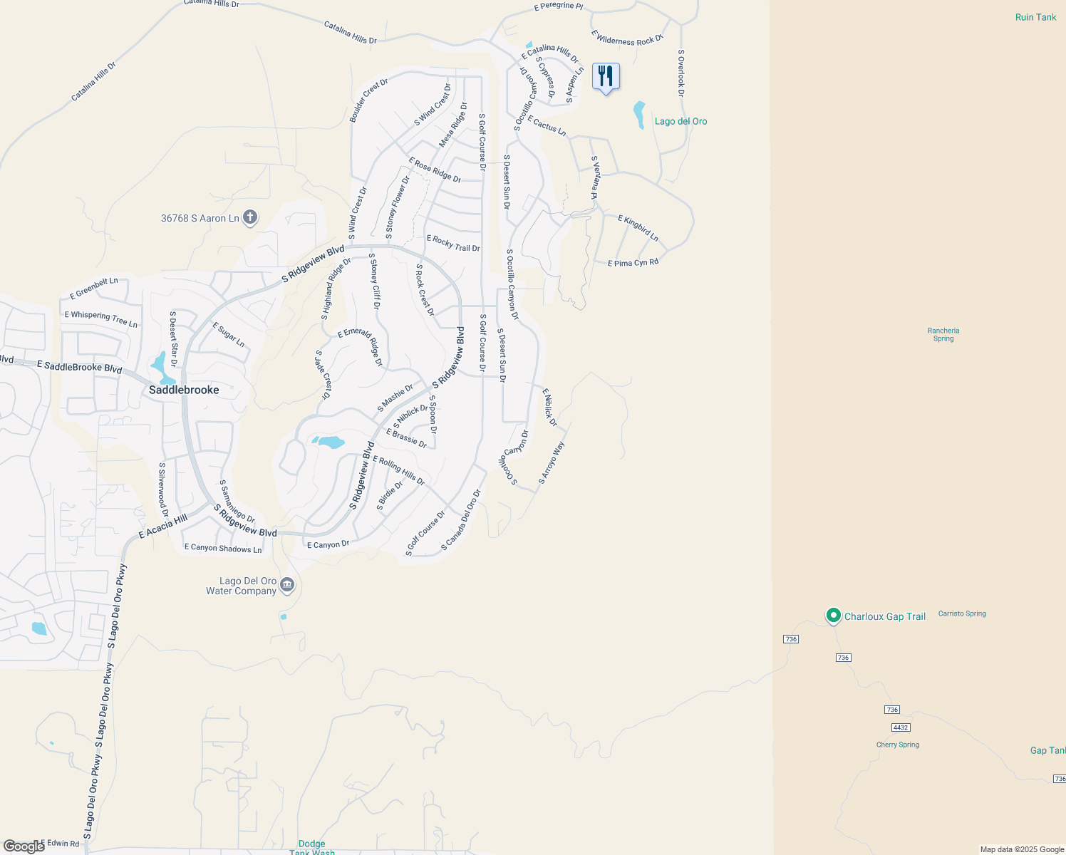 map of restaurants, bars, coffee shops, grocery stores, and more near 37733 South Ocotillo Canyon Drive in Tucson