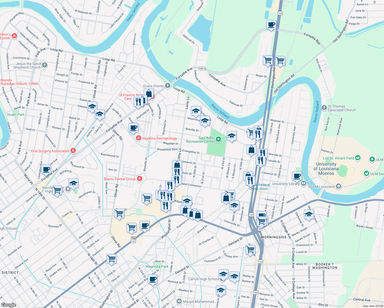 map of restaurants, bars, coffee shops, grocery stores, and more near 2908 Evangeline St in Monroe