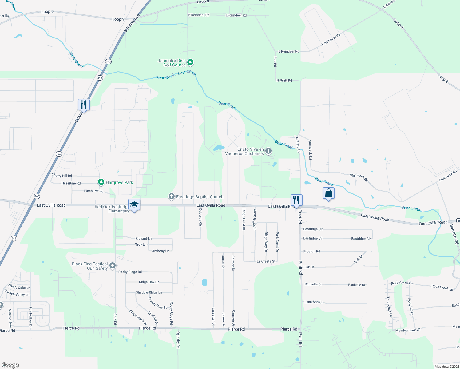 map of restaurants, bars, coffee shops, grocery stores, and more near 116 Mabry Lane in Red Oak