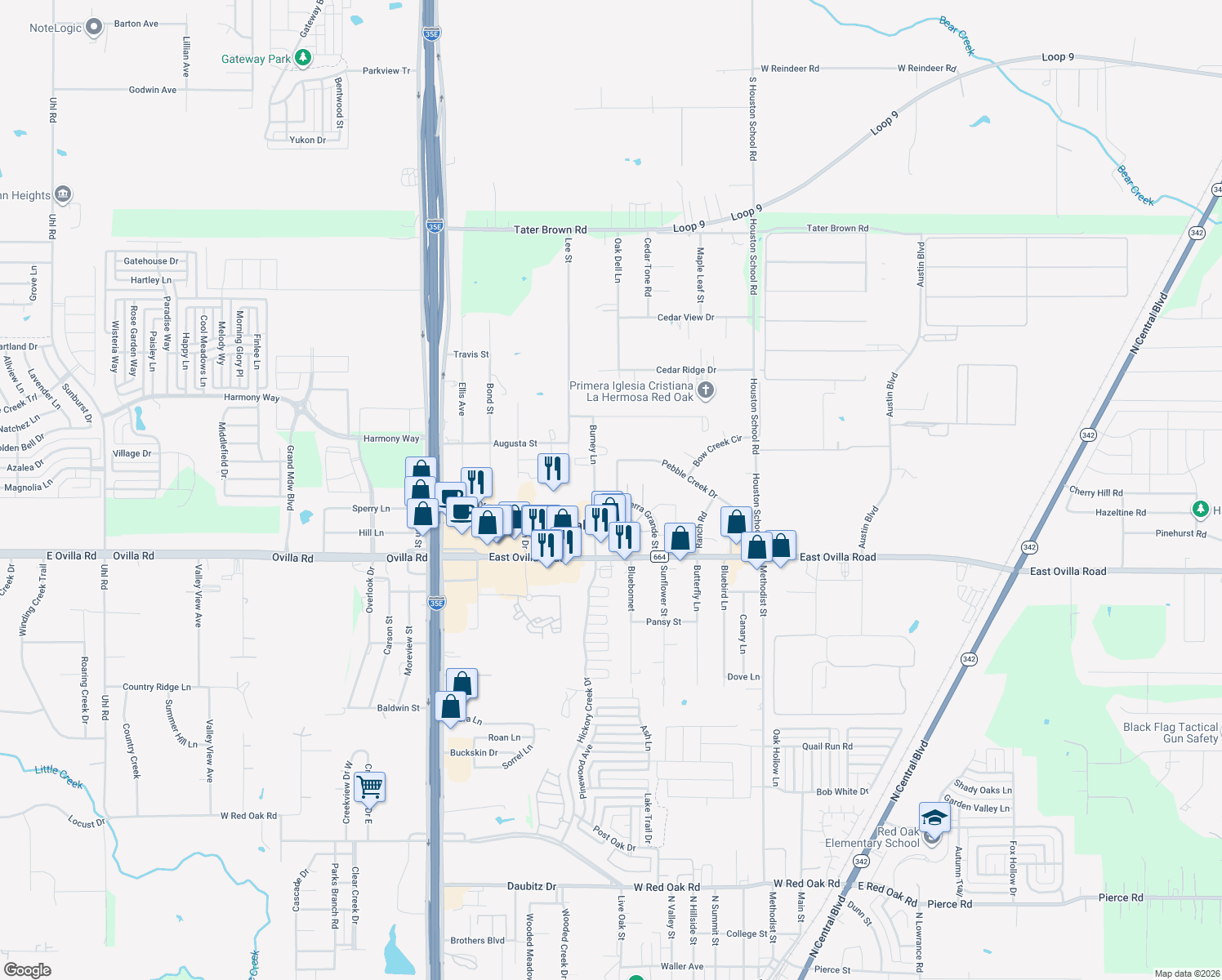 map of restaurants, bars, coffee shops, grocery stores, and more near 114 Sunglow Loop in Red Oak
