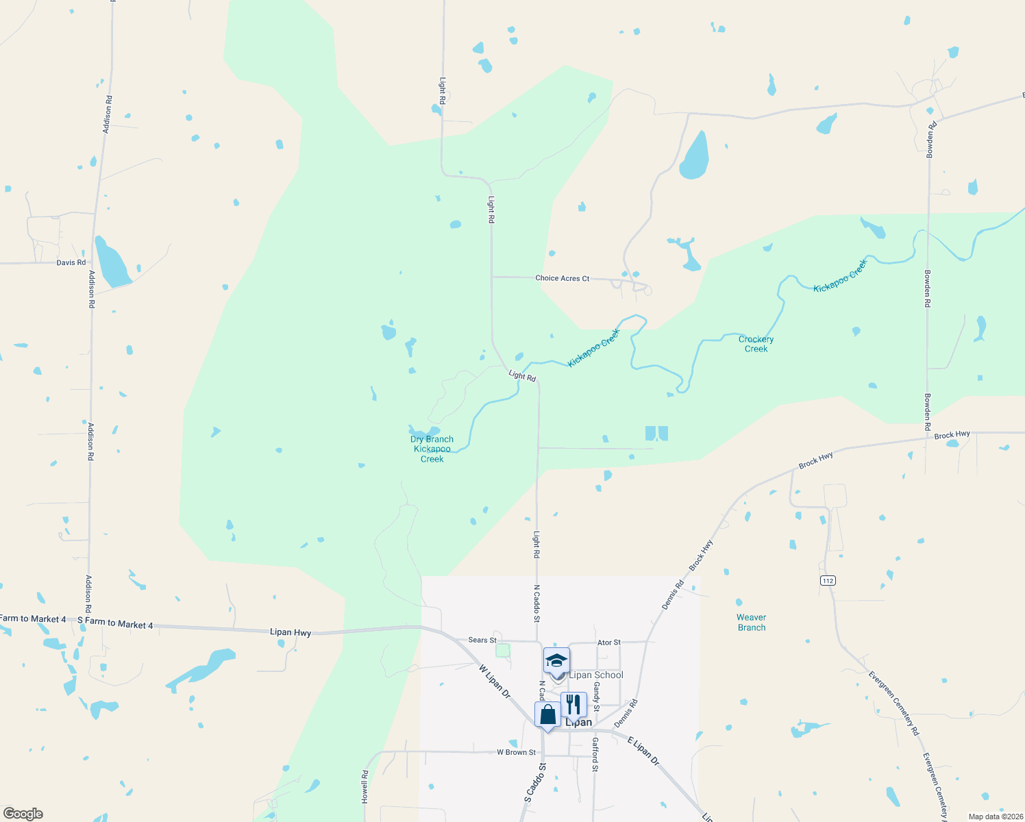 map of restaurants, bars, coffee shops, grocery stores, and more near 11190 Light Rd in Lipan