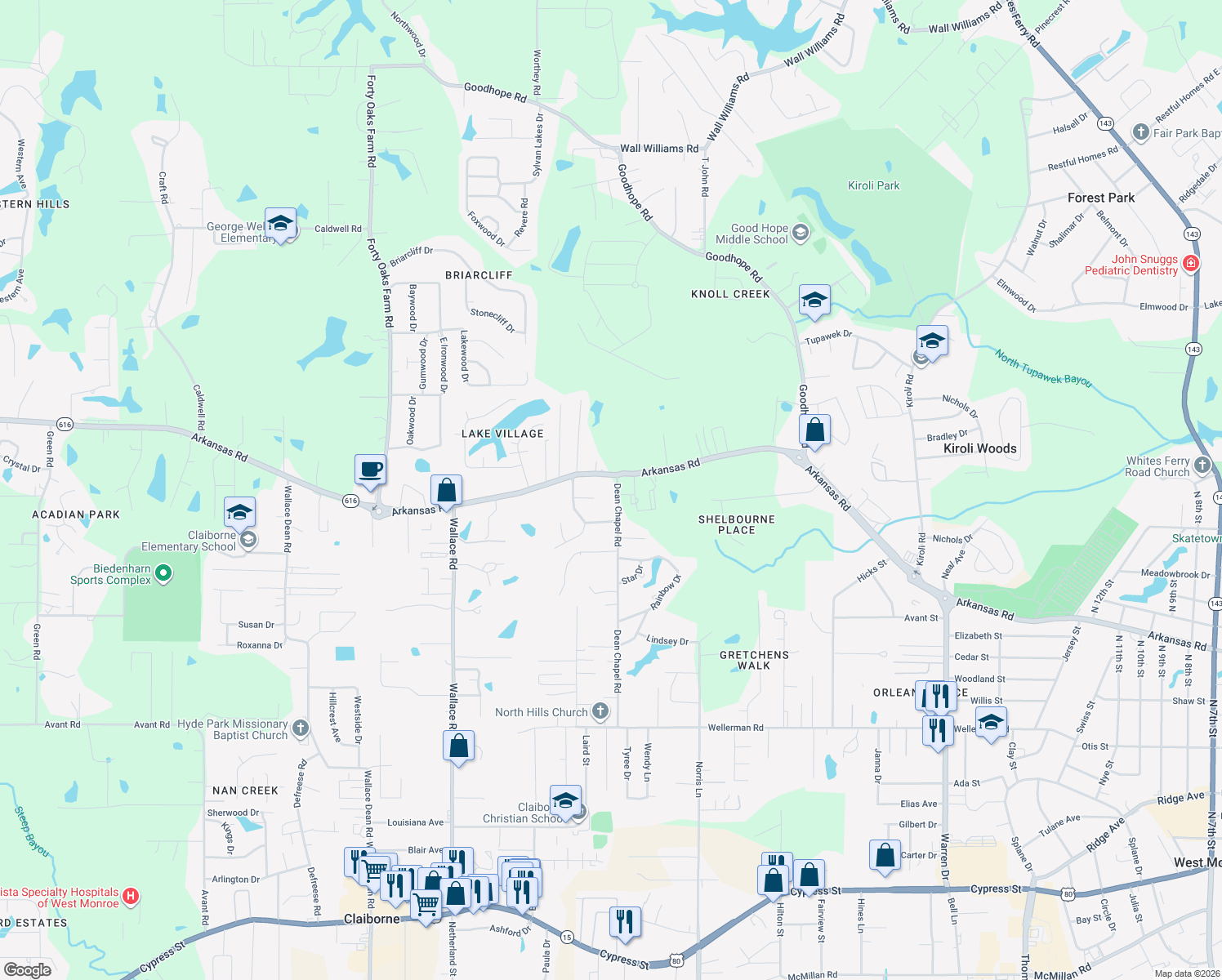 map of restaurants, bars, coffee shops, grocery stores, and more near 1511 Dean Chapel Rd in West Monroe