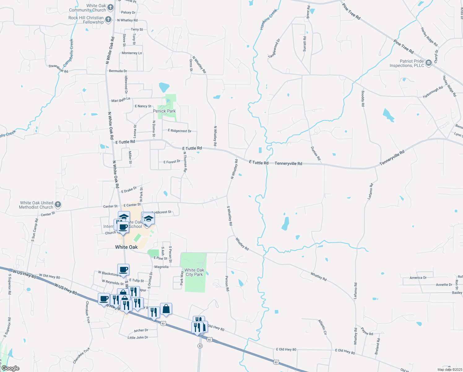 map of restaurants, bars, coffee shops, grocery stores, and more near 202 N Whatley Rd in White Oak