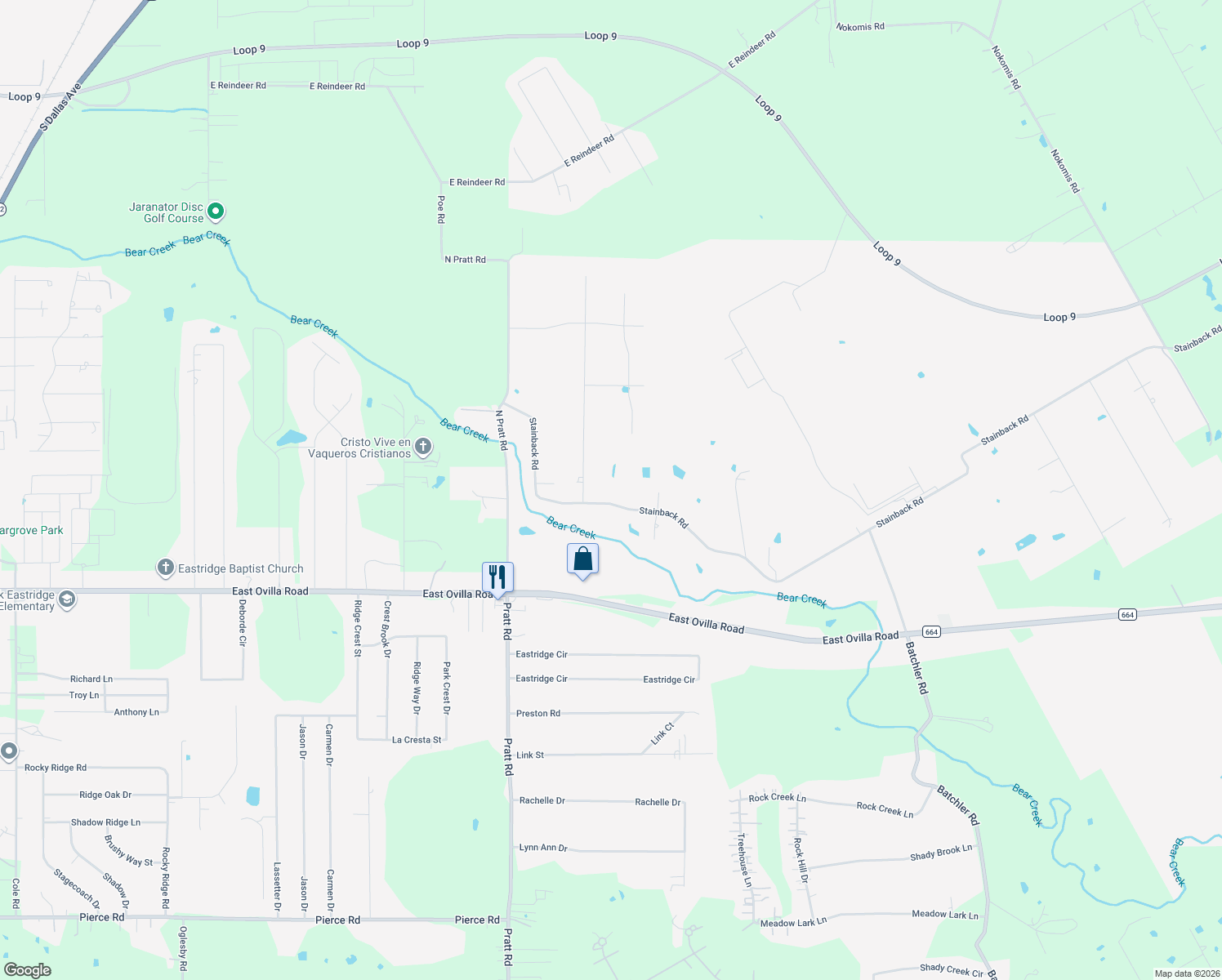 map of restaurants, bars, coffee shops, grocery stores, and more near 1560 Stainback Road in Red Oak