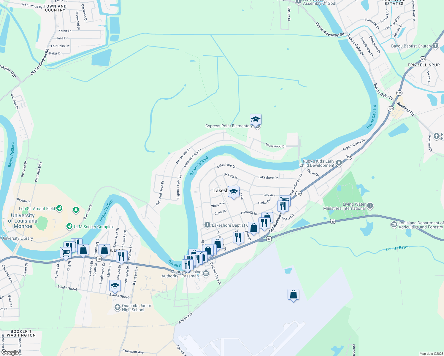 map of restaurants, bars, coffee shops, grocery stores, and more near 604 McCain Dr in Monroe