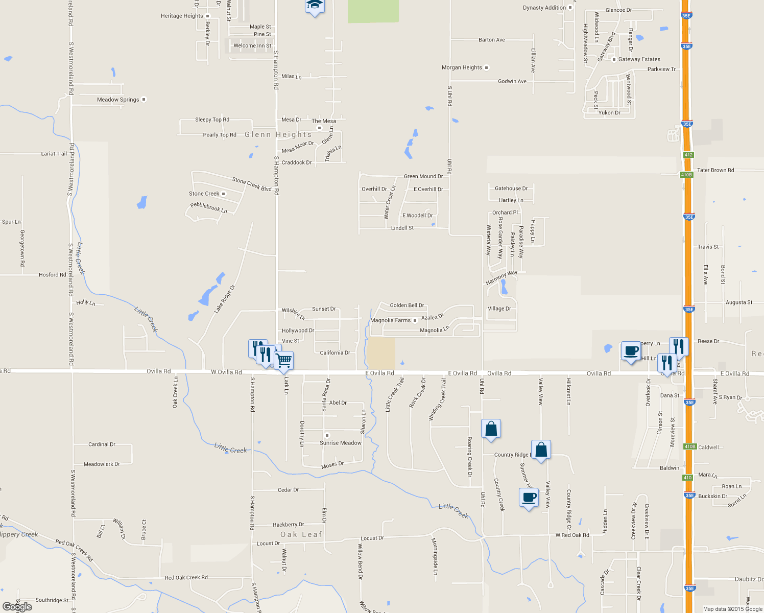 map of restaurants, bars, coffee shops, grocery stores, and more near 500 Golden Bell Drive in Glenn Heights