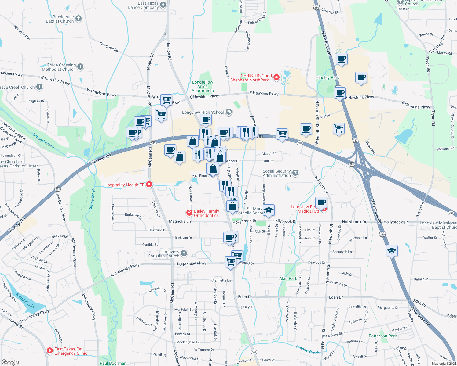 map of restaurants, bars, coffee shops, grocery stores, and more near 2303 Kelly Lynn Ln in Longview