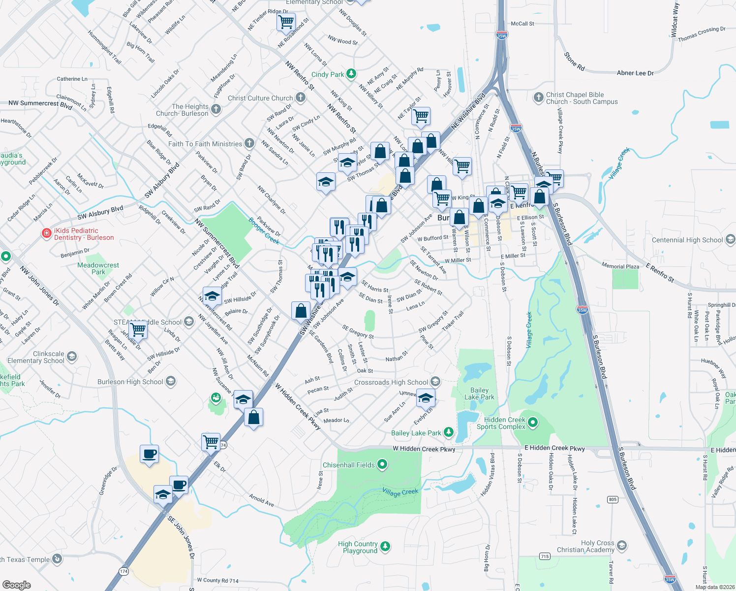 map of restaurants, bars, coffee shops, grocery stores, and more near 117 Southeast Dian Street in Burleson