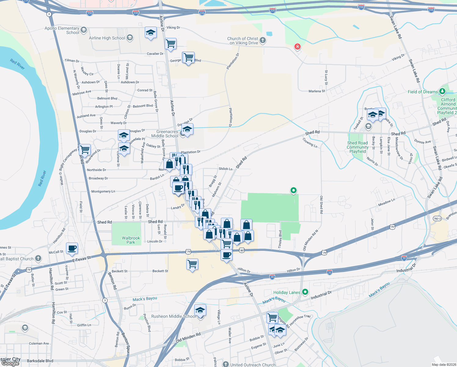 map of restaurants, bars, coffee shops, grocery stores, and more near 3120 Shed Road in Bossier City