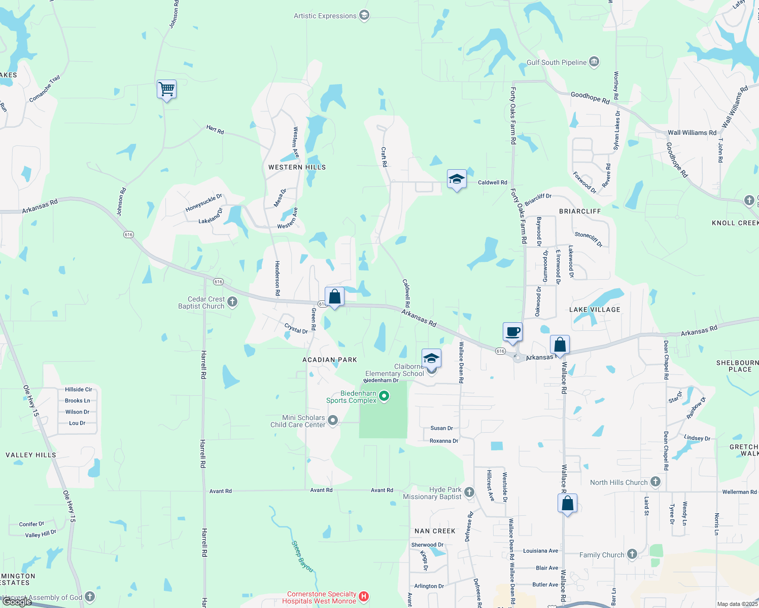 map of restaurants, bars, coffee shops, grocery stores, and more near 3100 Arkansas Road in West Monroe