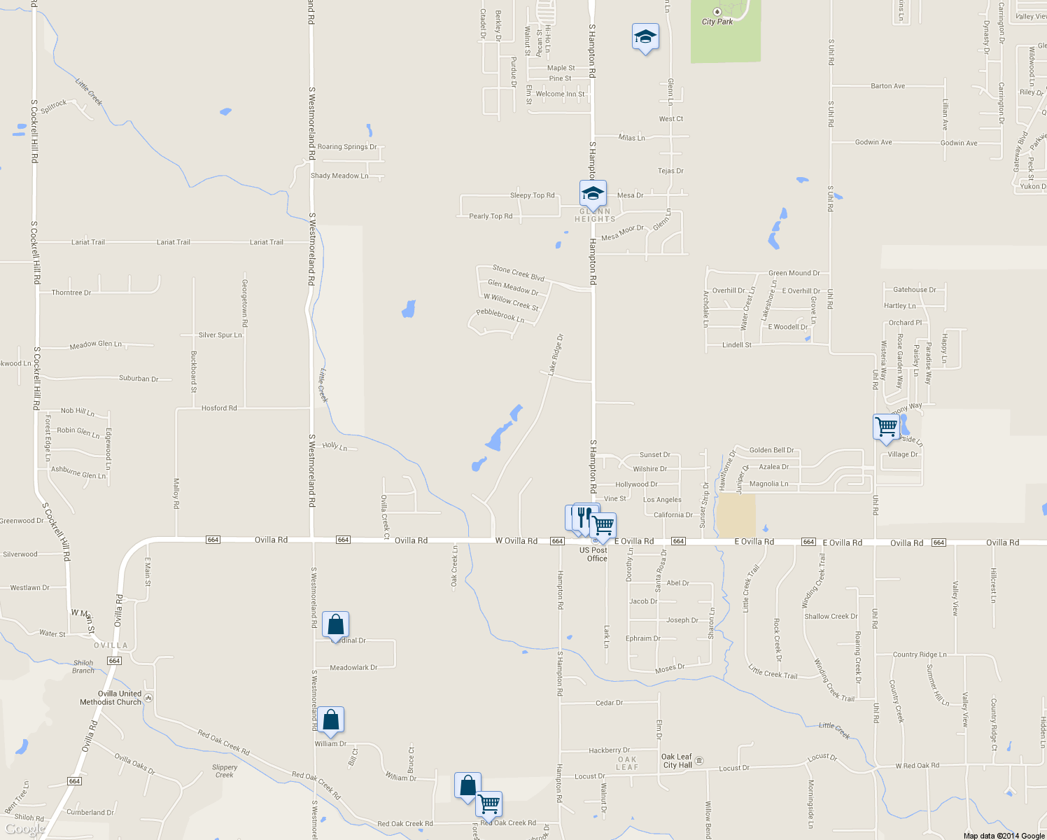 map of restaurants, bars, coffee shops, grocery stores, and more near 2513 Lake Ridge Dr in Glenn Heights