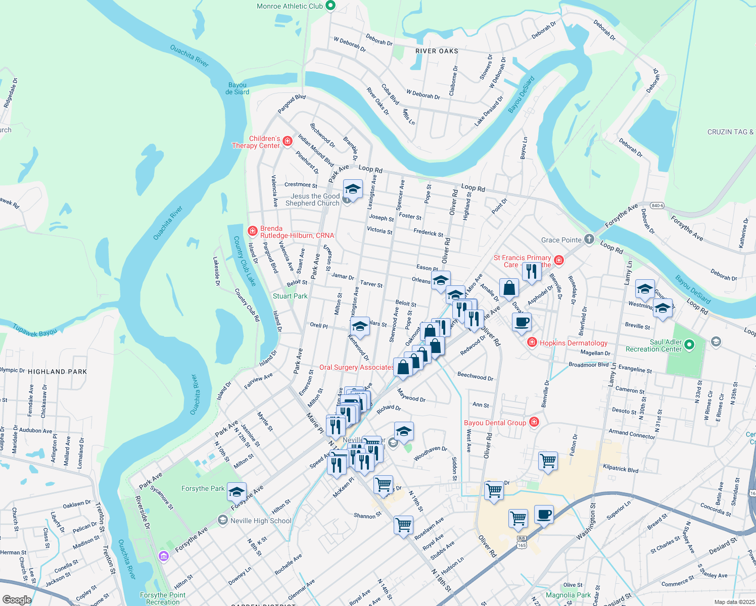 map of restaurants, bars, coffee shops, grocery stores, and more near 2013 Spencer Avenue in Monroe