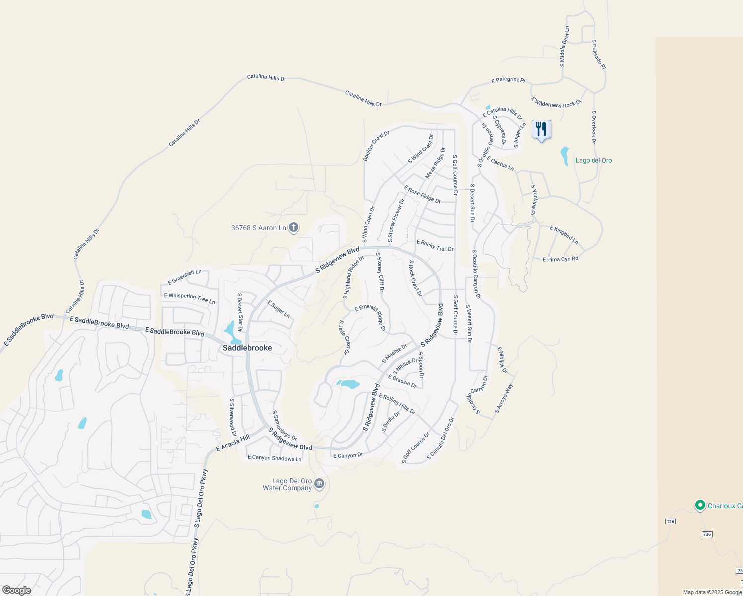 map of restaurants, bars, coffee shops, grocery stores, and more near 65240 East Emerald Ridge Drive in Tucson