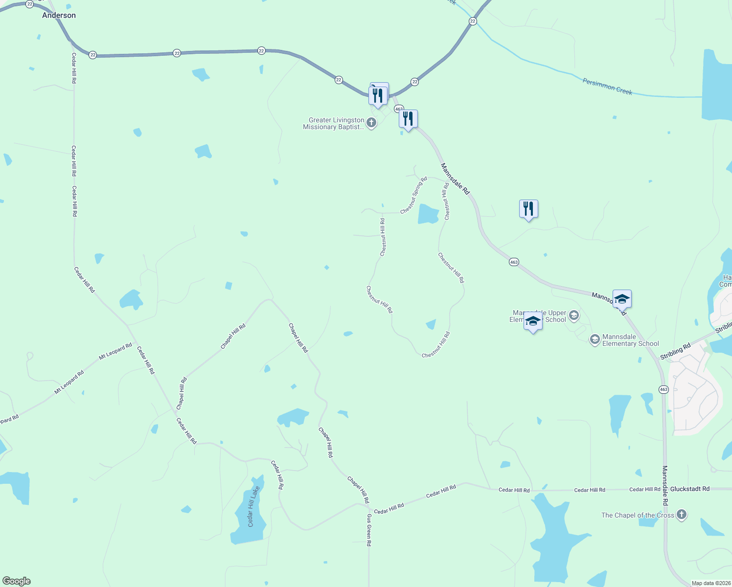 map of restaurants, bars, coffee shops, grocery stores, and more near Chestnut Hill Road in Flora
