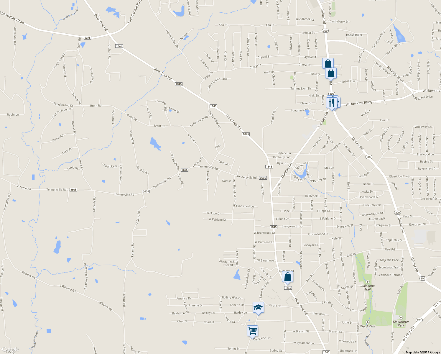 map of restaurants, bars, coffee shops, grocery stores, and more near 5319 Darney Street in Longview