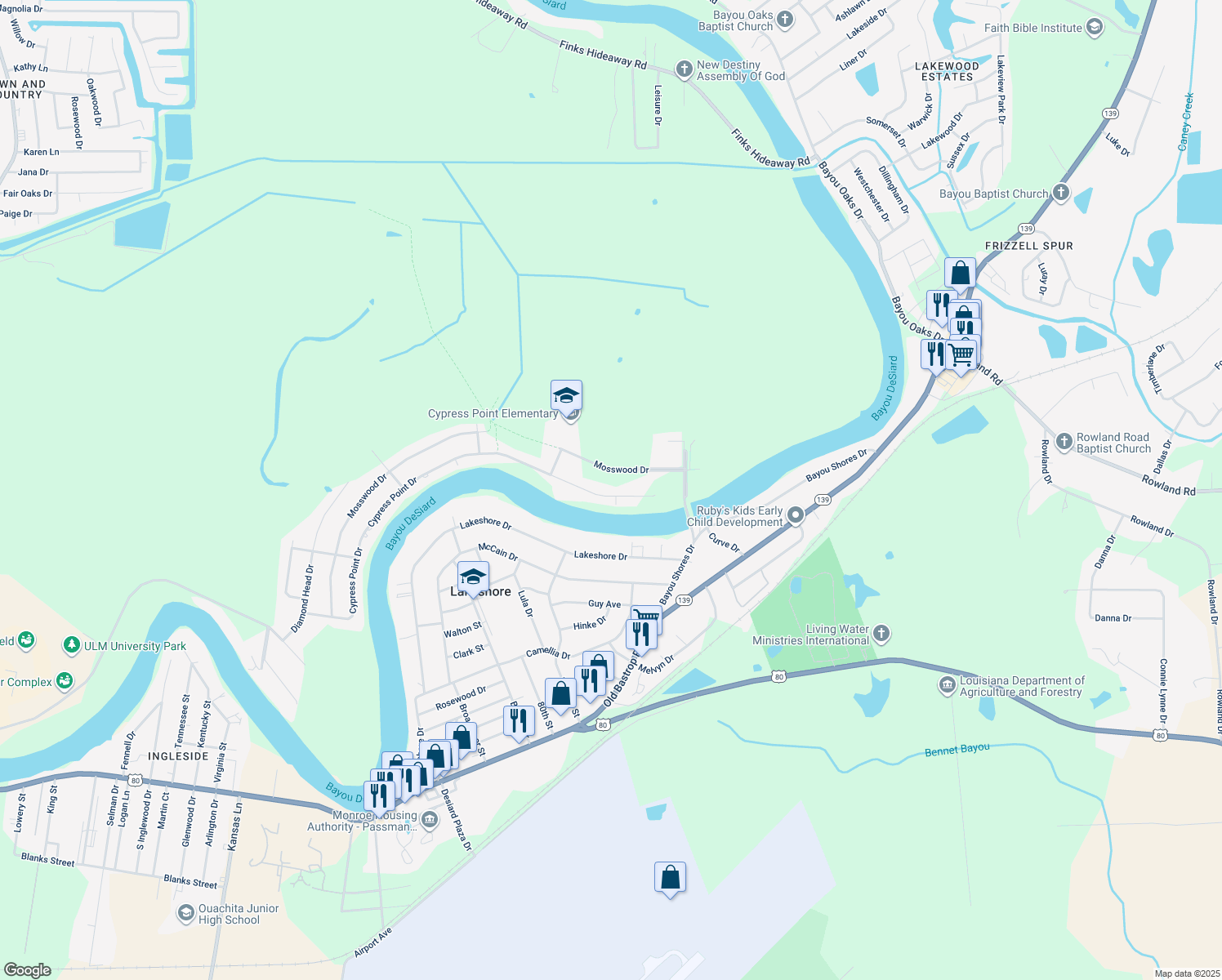 map of restaurants, bars, coffee shops, grocery stores, and more near 6811 Cypress Point Dr in Monroe