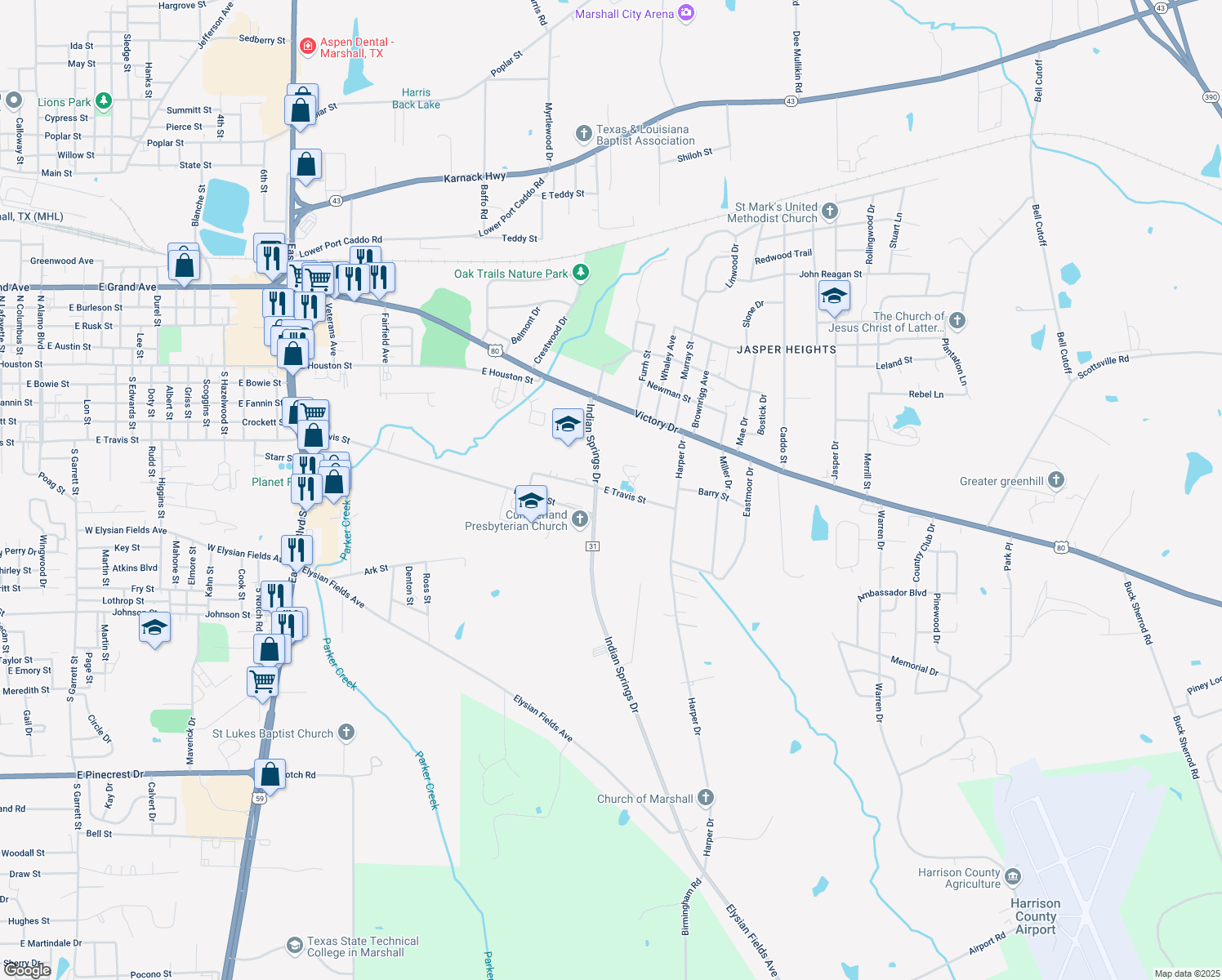 map of restaurants, bars, coffee shops, grocery stores, and more near 3003 East Travis Street in Marshall