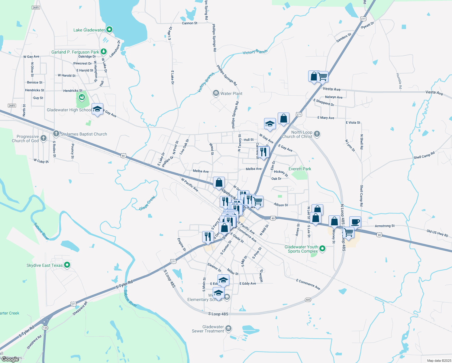 map of restaurants, bars, coffee shops, grocery stores, and more near 309 N Cotton St in Gladewater