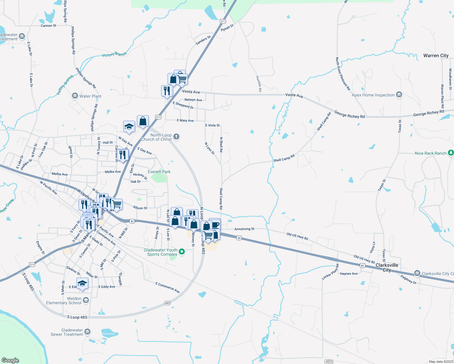 map of restaurants, bars, coffee shops, grocery stores, and more near 1500 Shell Camp Road in Gladewater
