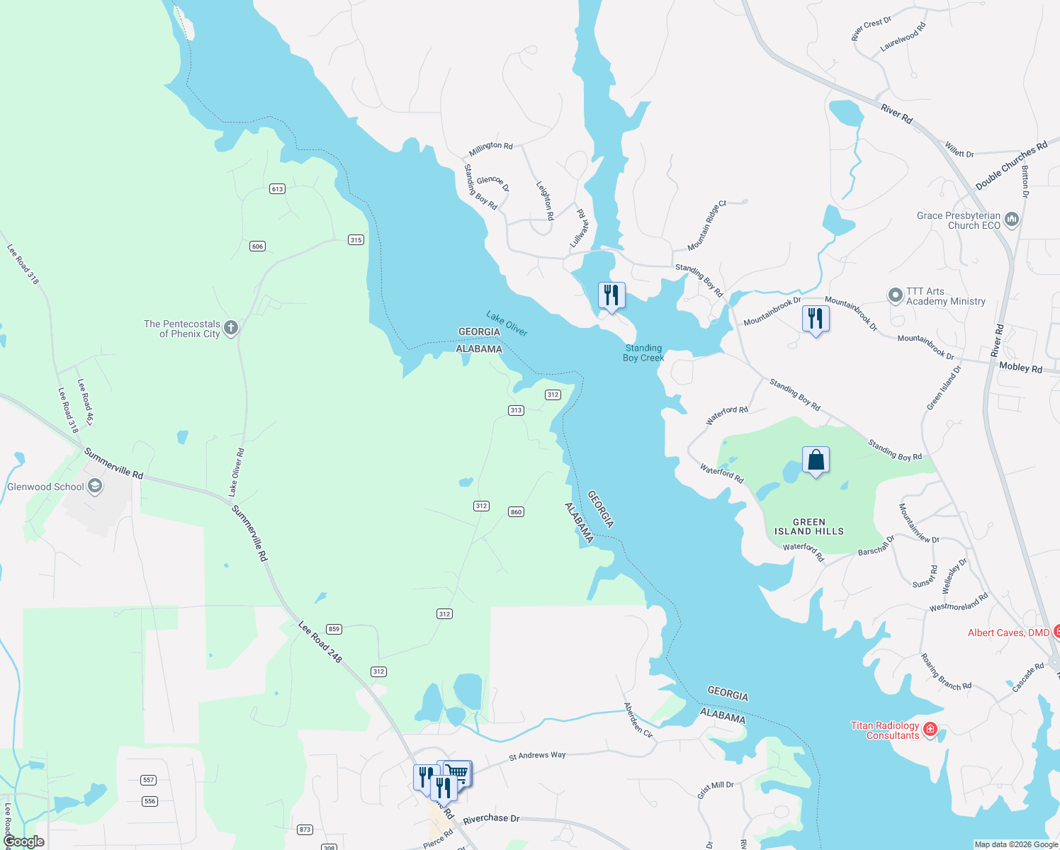 map of restaurants, bars, coffee shops, grocery stores, and more near 321 Lee County 313 in Smiths Station