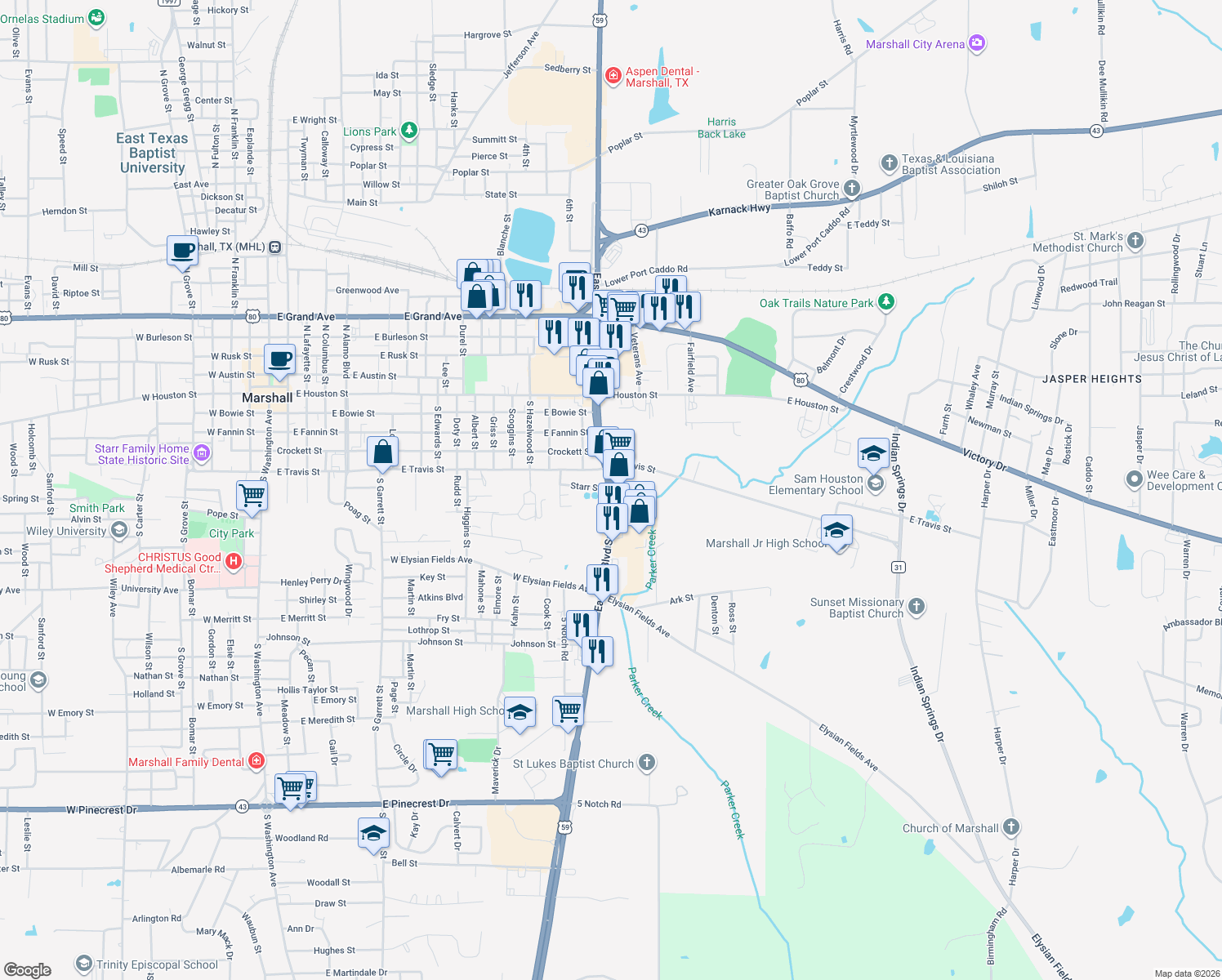 map of restaurants, bars, coffee shops, grocery stores, and more near 1799 Starr St in Marshall
