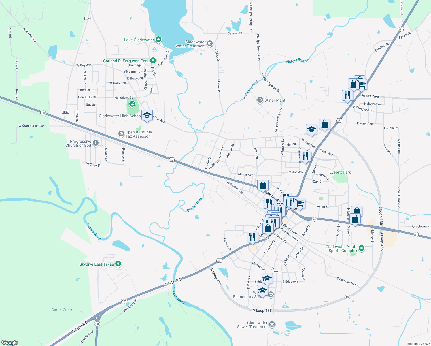 map of restaurants, bars, coffee shops, grocery stores, and more near 1324 W Upshur Ave in Gladewater