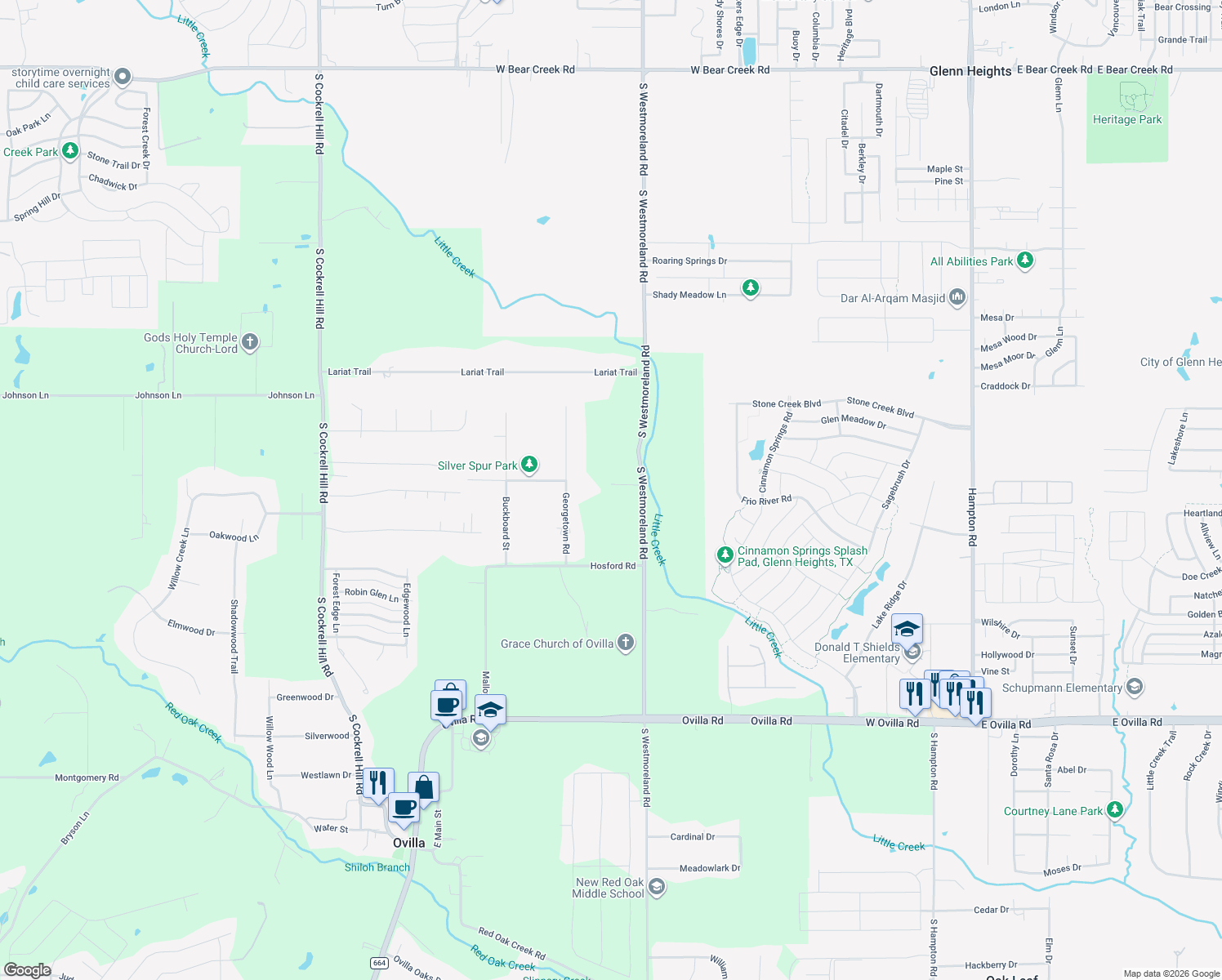 map of restaurants, bars, coffee shops, grocery stores, and more near 725 South Westmoreland Road in Ovilla