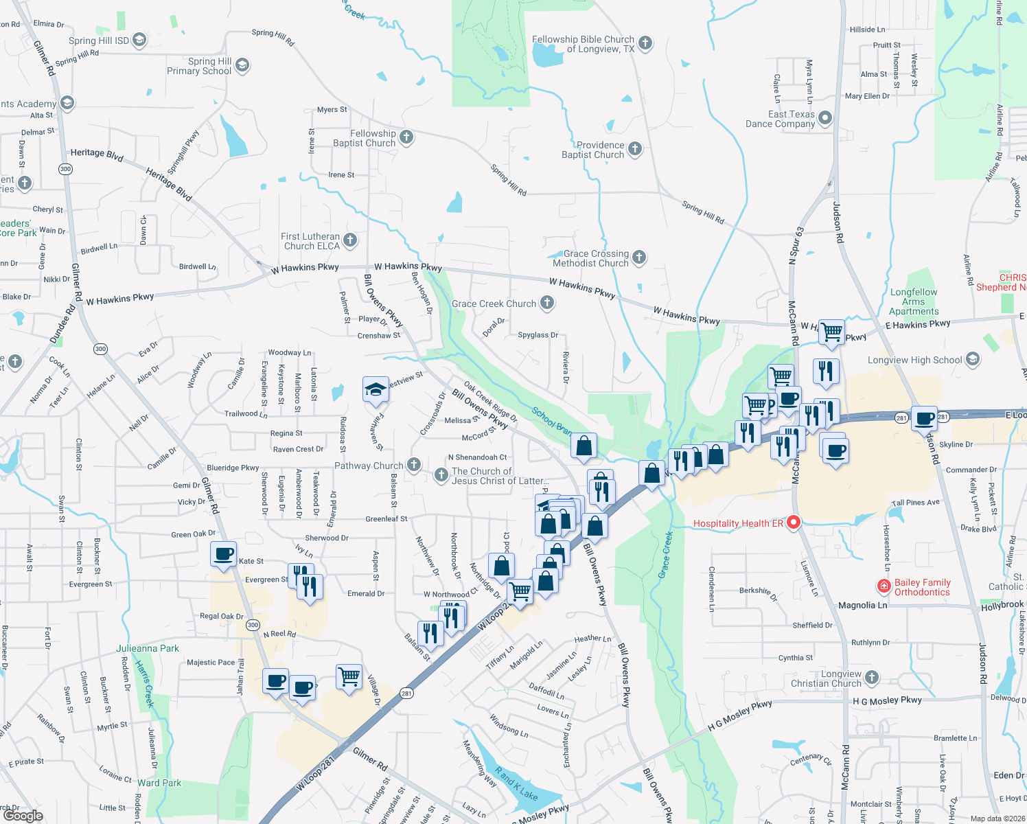 map of restaurants, bars, coffee shops, grocery stores, and more near 5 Oak Creek Ridge Dr in Longview