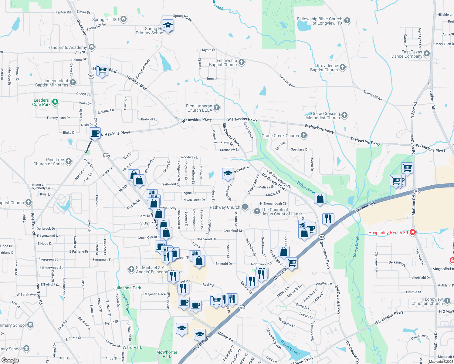 map of restaurants, bars, coffee shops, grocery stores, and more near 102 Kings Lane in Longview