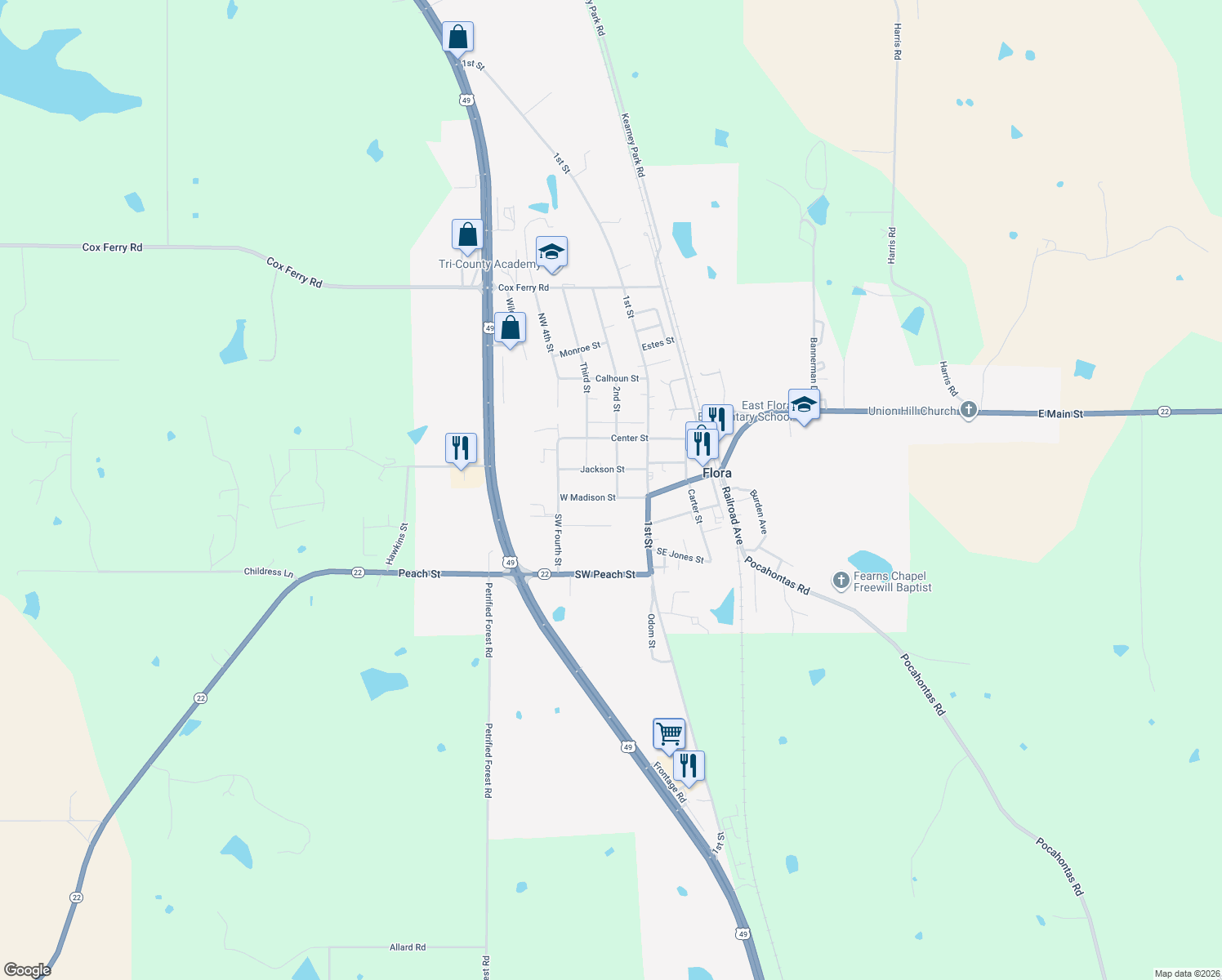 map of restaurants, bars, coffee shops, grocery stores, and more near 4896 Madison St in Flora