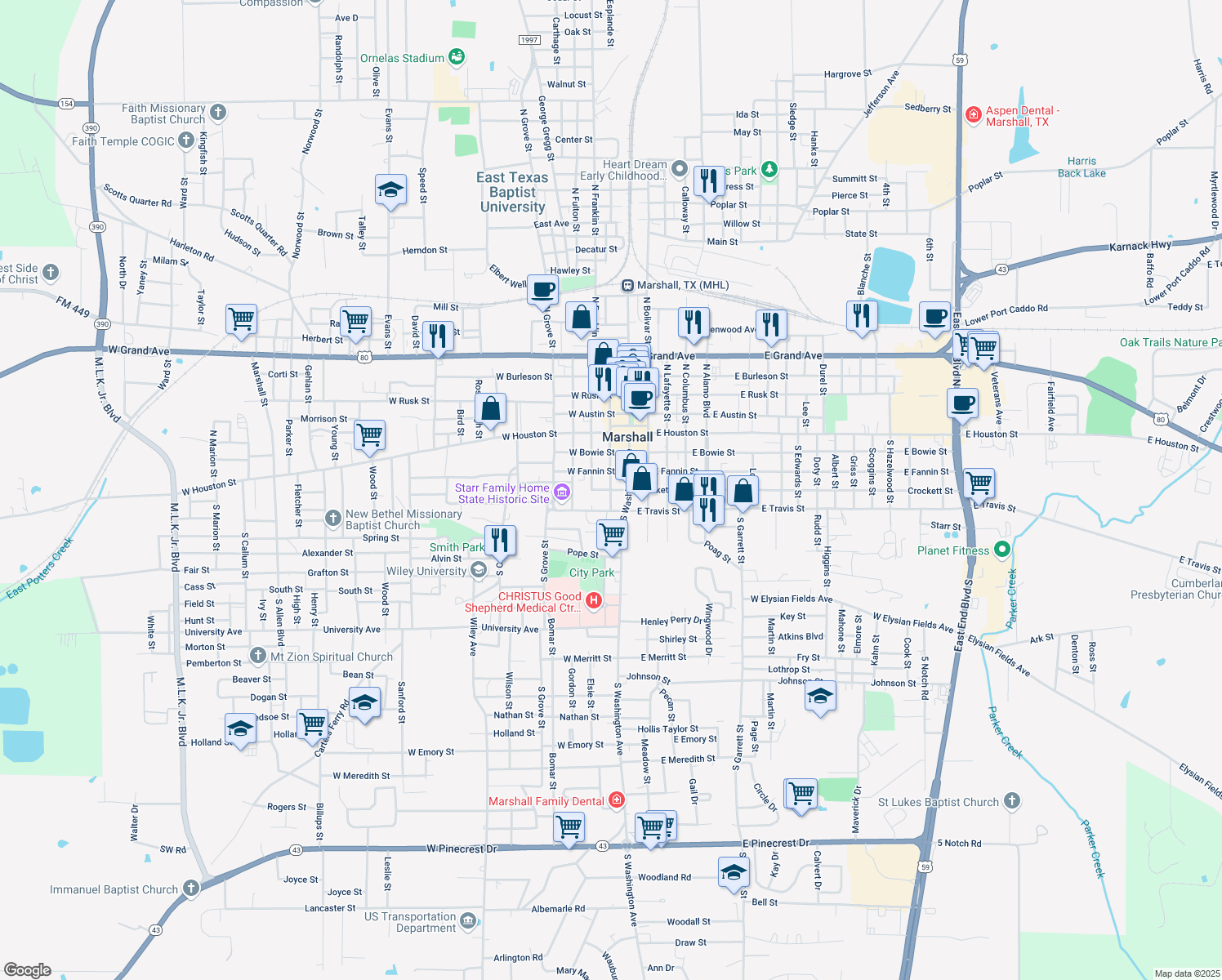 map of restaurants, bars, coffee shops, grocery stores, and more near 198 W Crockett St in Marshall