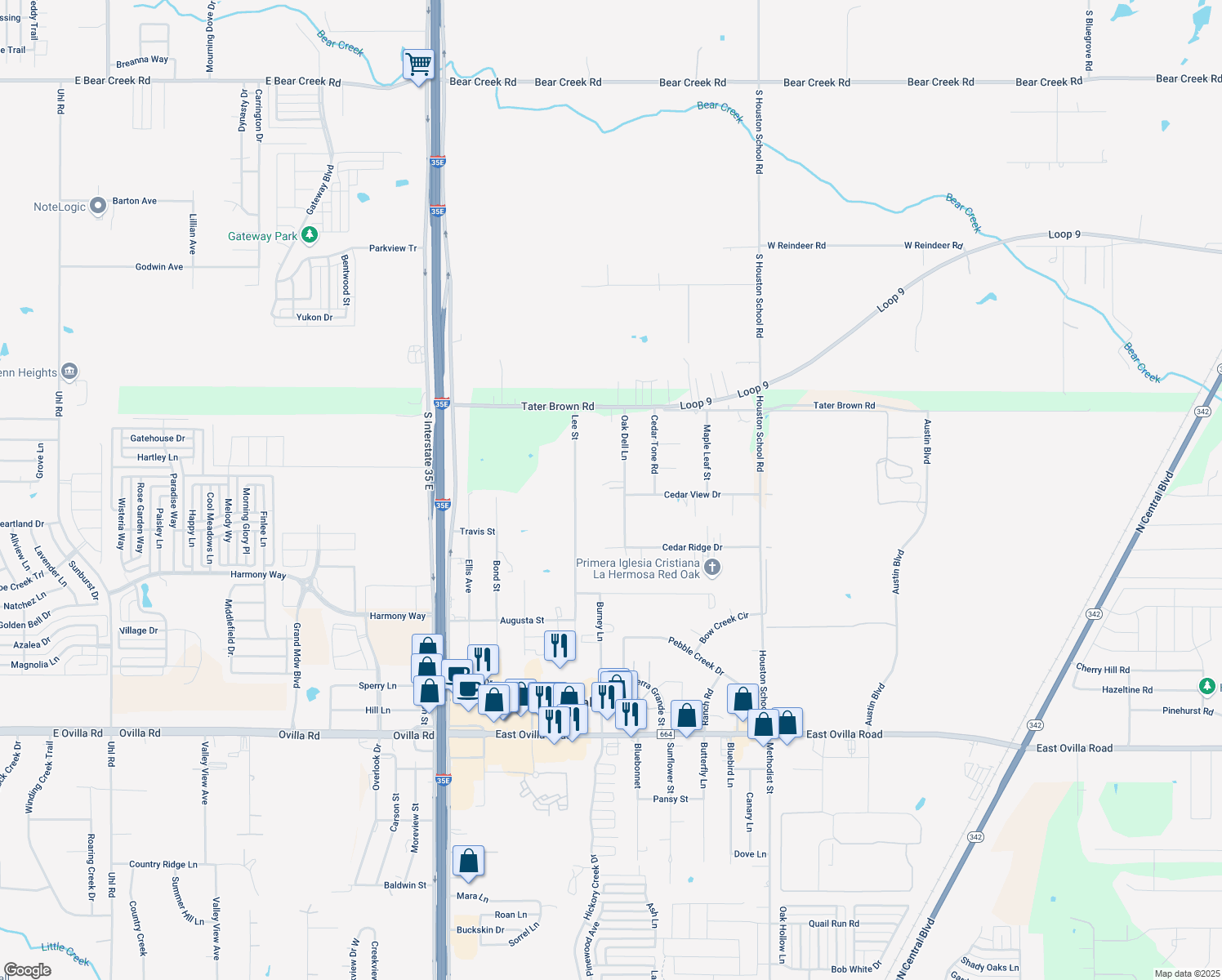 map of restaurants, bars, coffee shops, grocery stores, and more near 503 Oak Dell Lane in Red Oak