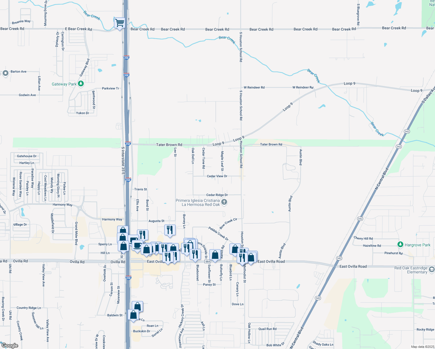 map of restaurants, bars, coffee shops, grocery stores, and more near 501 Maple Leaf Street in Red Oak