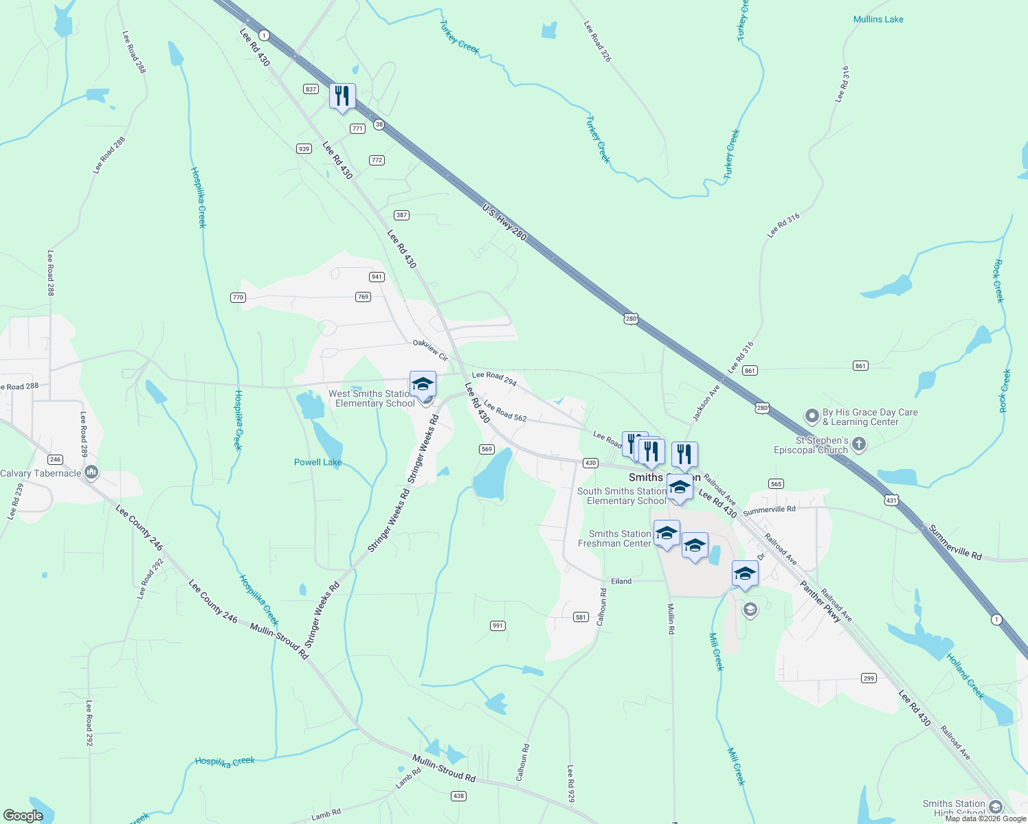 map of restaurants, bars, coffee shops, grocery stores, and more near 616 Lee Road 562 in Smiths Station