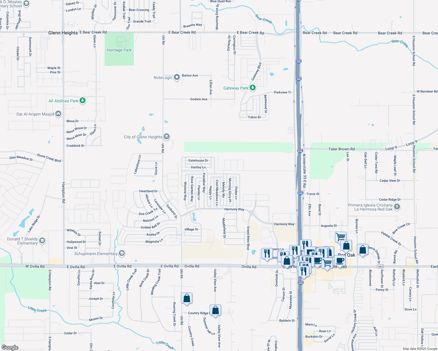 map of restaurants, bars, coffee shops, grocery stores, and more near 315 Galloping Hill Road in Red Oak