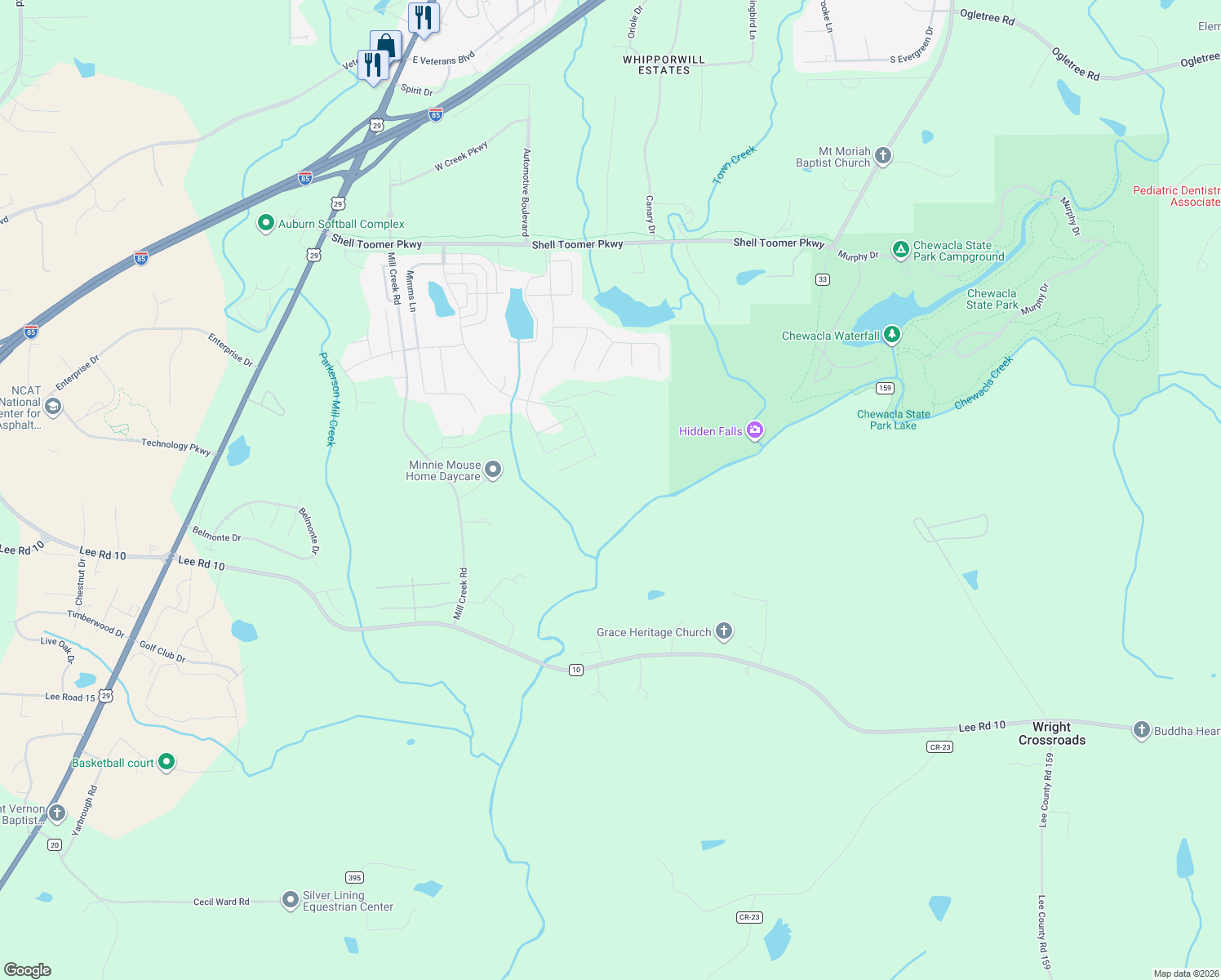 map of restaurants, bars, coffee shops, grocery stores, and more near 2700 Mimms Trail in Auburn