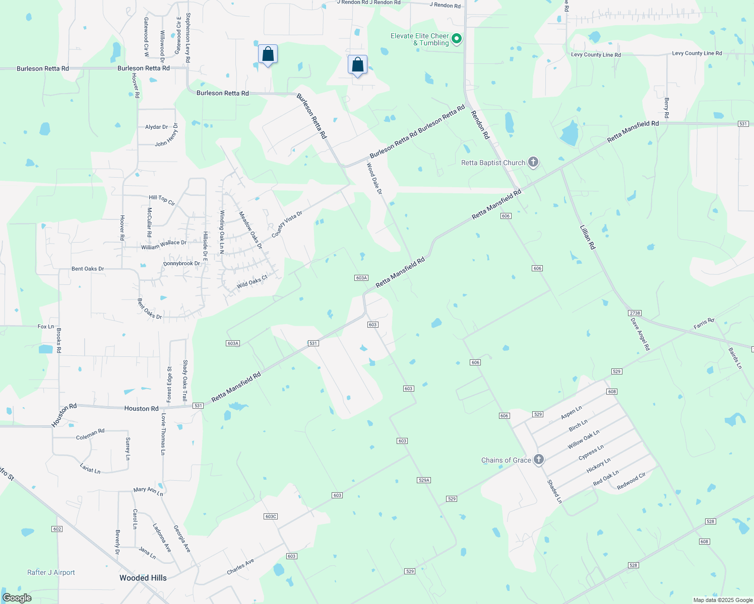 map of restaurants, bars, coffee shops, grocery stores, and more near 2910 County Road 531 in Burleson