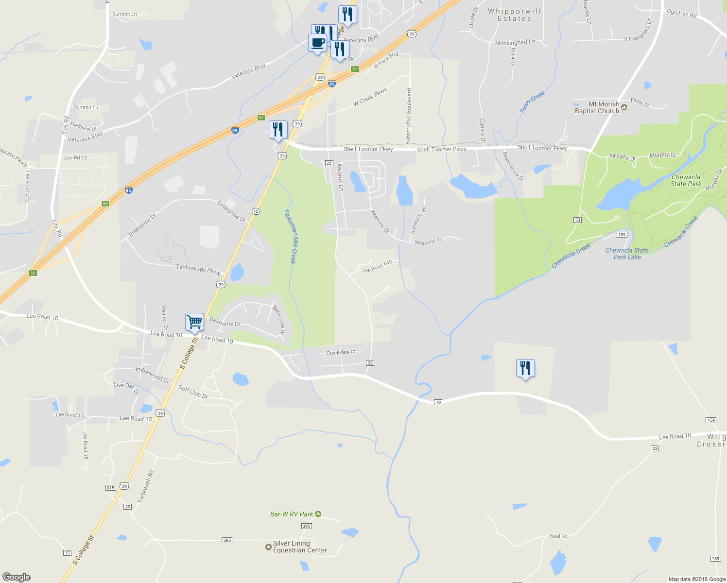 map of restaurants, bars, coffee shops, grocery stores, and more near Mill Creek Road in Auburn