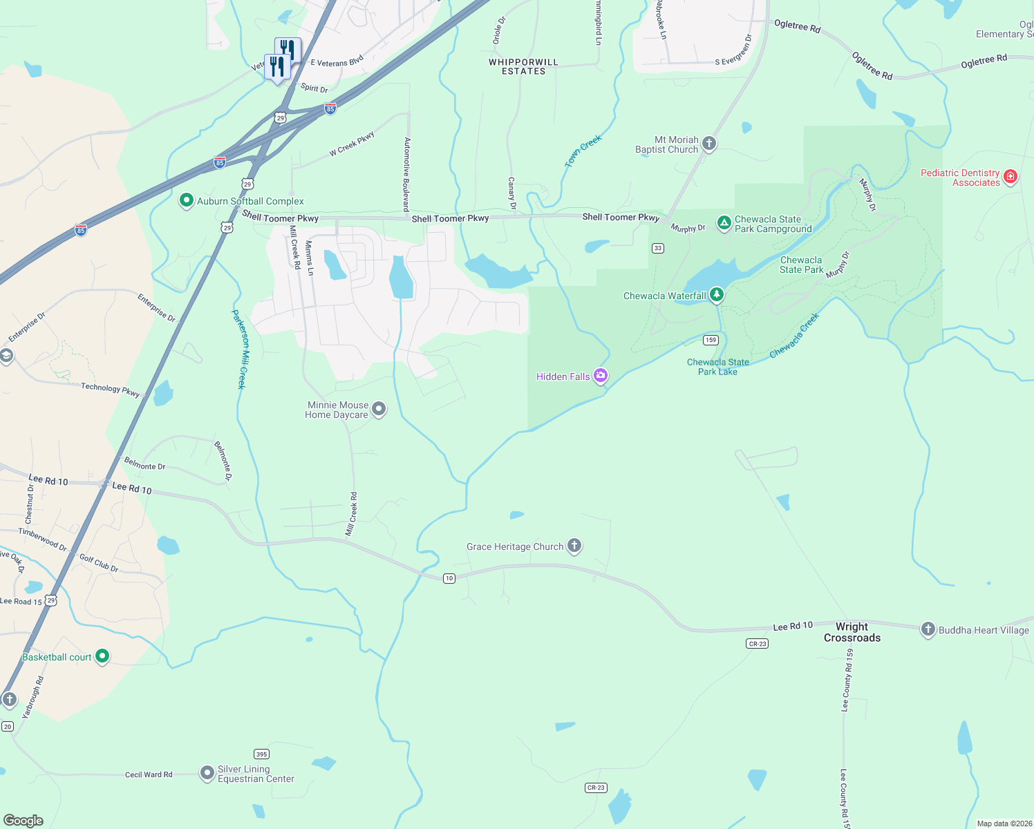 map of restaurants, bars, coffee shops, grocery stores, and more near 2700 Mimms Trail in Auburn