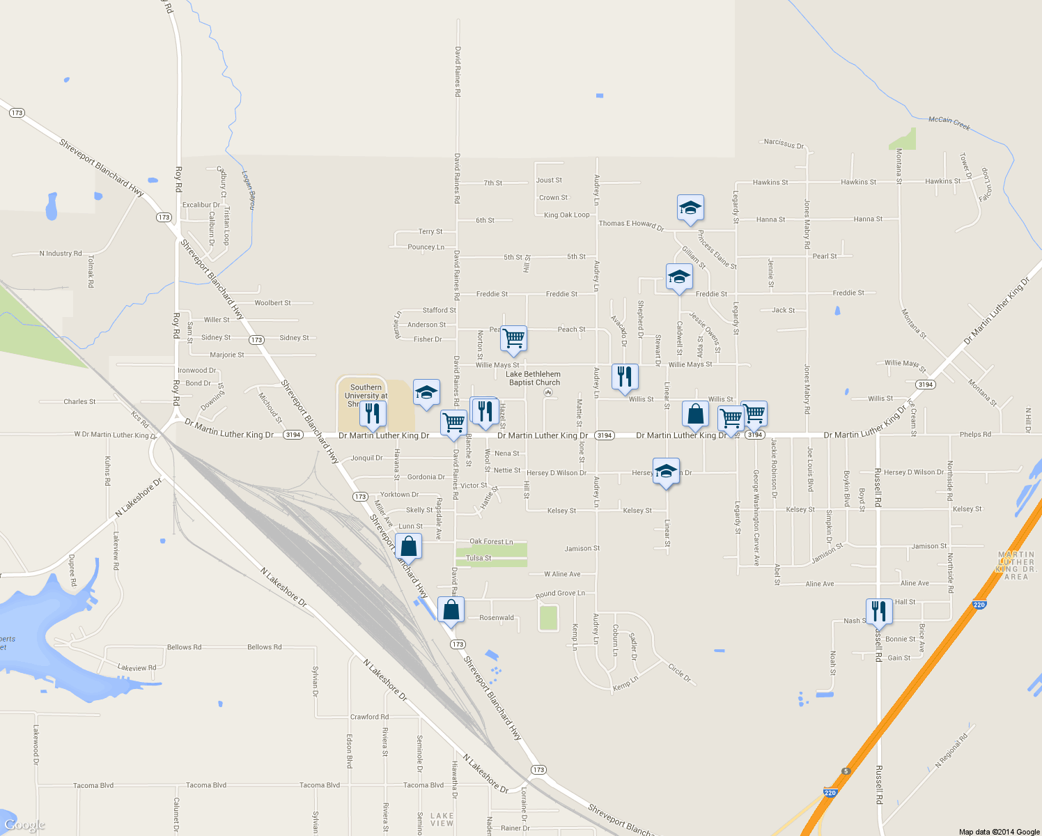 map of restaurants, bars, coffee shops, grocery stores, and more near 1920 Hill Street in Shreveport